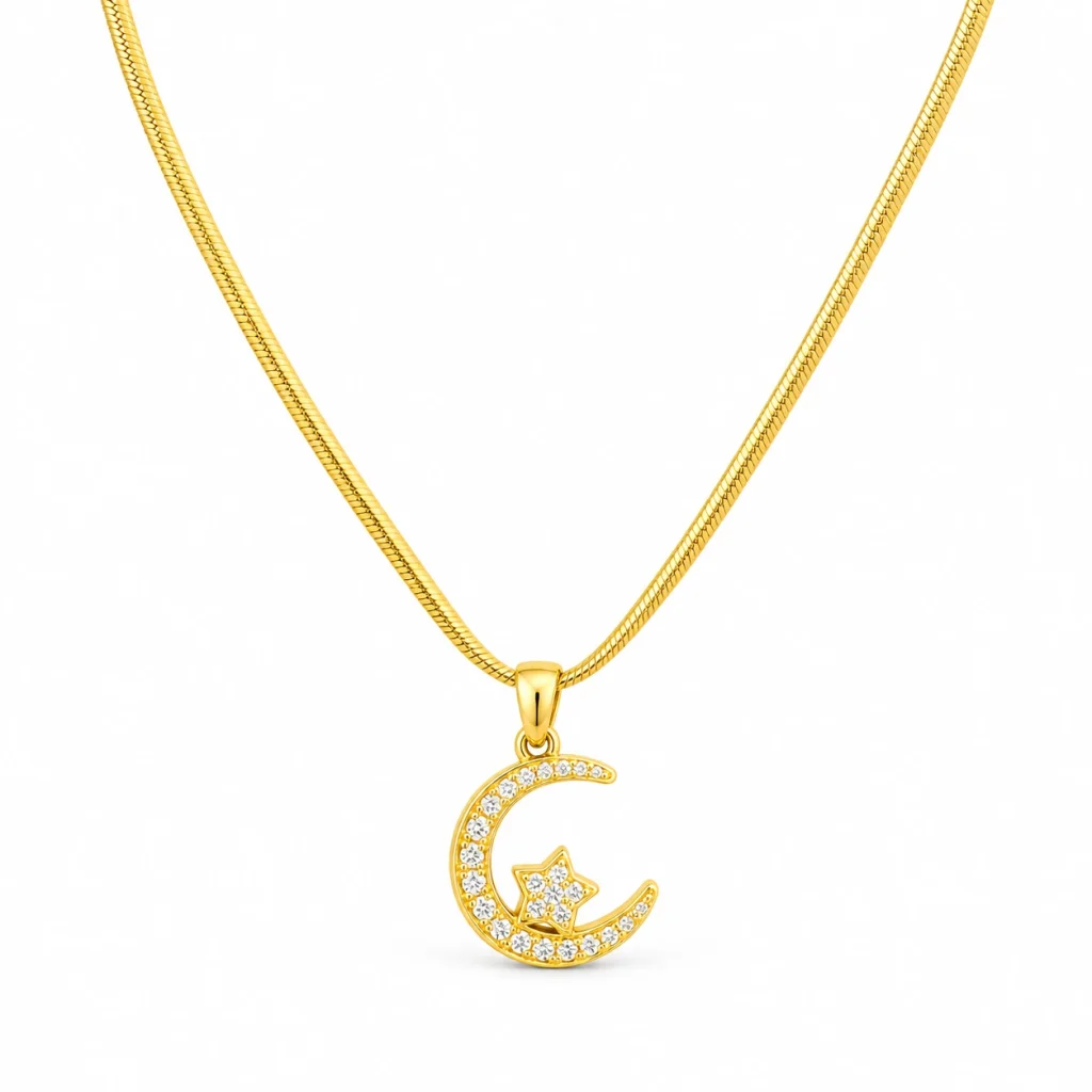 Ay İçinde Yıldız Kolye – taşlı hilal içinde yıldız uçlu gold kolye