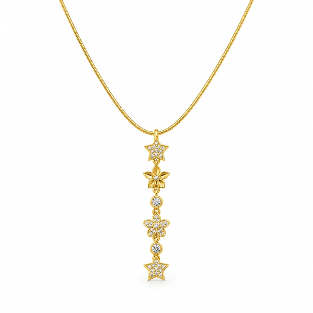 Yıldız Çiçek Kolye – taşlı yıldız ve çiçek sıralı uzun uçlu gold kolye